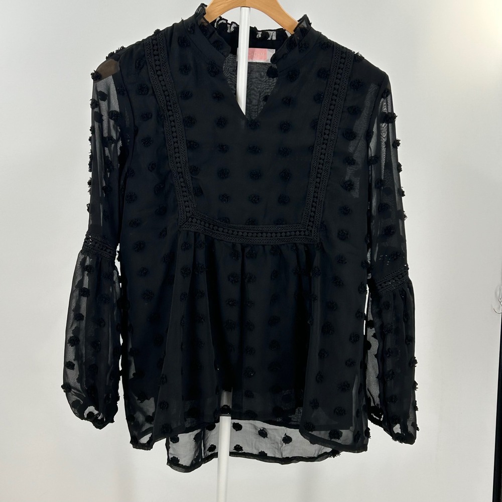 Black Sheer Swiss Dot Blouse Boho Romantic Cottagecore Peplum Top Small